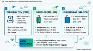 Frontier Airlines baggage fees breakdown for students in 2026 showing personal item, carry-on, and checked bag prices with tips to avoid extra charges