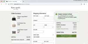 Applying Kate Spade student discount online on a realistic checkout page