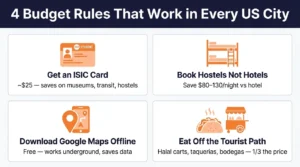 infographic 4 universal budget travel tips expensive US cities students 2026