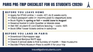 paris pre-trip checklist us college students 2026 etias passport hostel eiffel tower tickets