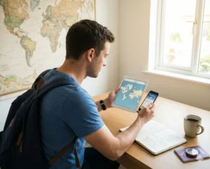 tudent using smartphone with travel apps visible, showing the Best Student Travel Apps 2026 including flights, hostels, budgeting, maps, and safety tools.