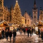 Europe winter travel itinerary 2026 showing snowy Christmas market square with festive lights and historic buildings