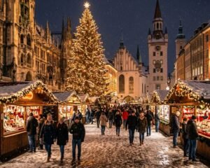 Europe winter travel itinerary 2026 showing snowy Christmas market square with festive lights and historic buildings