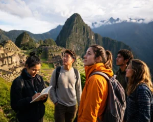 Group of students at South American archaeological ruins for educational student trips to South America