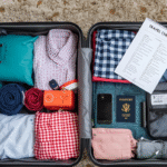 Travel Packing Tips — organized suitcase with packing cubes, rolled clothes, travel essentials, passport, and travel checklist for smart and stress-free travel