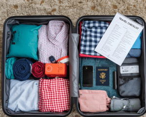 Travel Packing Tips — organized suitcase with packing cubes, rolled clothes, travel essentials, passport, and travel checklist for smart and stress-free travel