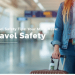 Travel Safety Tips: Traveler with luggage, backpack, and safety items in a secure travel environment