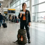 Student traveler with backpack at airport following travel safety tips
