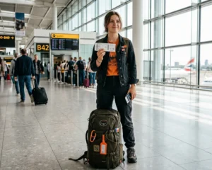 Student traveler with backpack at airport following travel safety tips