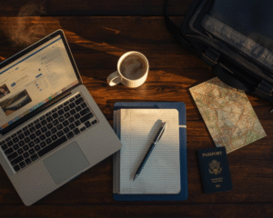 Travel Tips: Cozy student travel planning setup with essentials for stress-free trips.