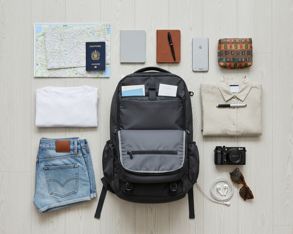 An organized travel backpack with essentials like a passport, clothes, and a power bank.