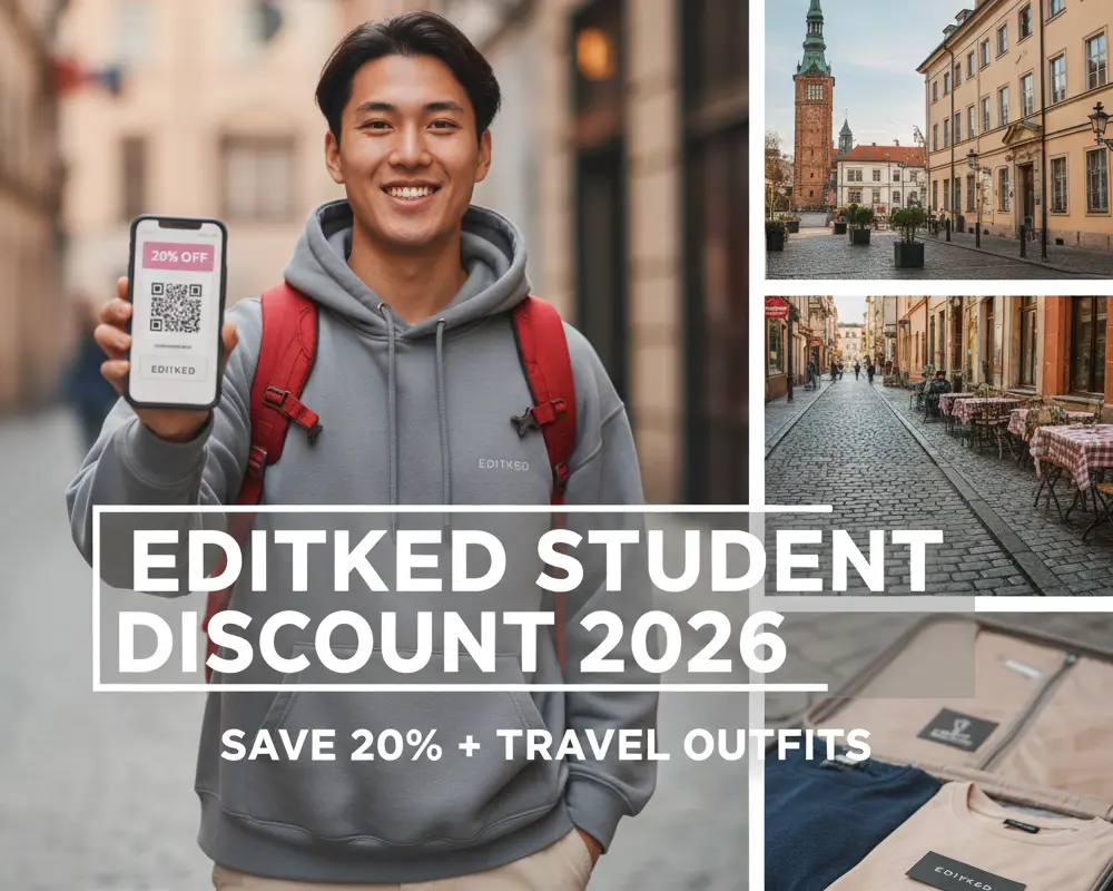 Edikted student discount 2026 guide for male students featuring trendy travel apparel.