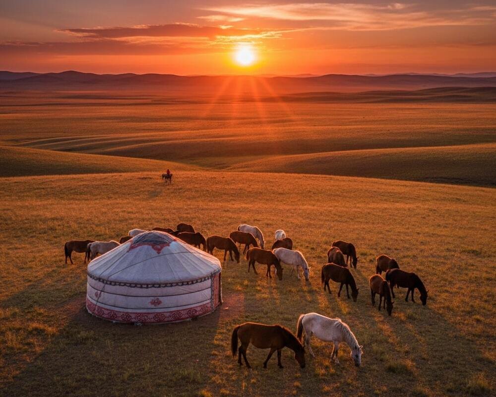 local travel tips Mongolia - panoramic steppe with ger and horses