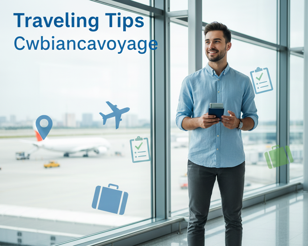 Featured image showing a solo male traveler with passport and smartphone representing traveling tips cwbiancavoyage for smart, safe, and modern travel planning.