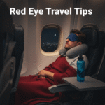 Young male traveler sleeping on a red eye flight with eye mask and neck pillow
