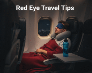 Young male traveler sleeping on a red eye flight with eye mask and neck pillow