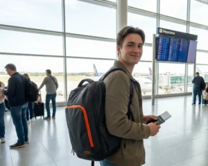 Student at airport departure terminal with backpack and boarding pass following air travel safety tips for students