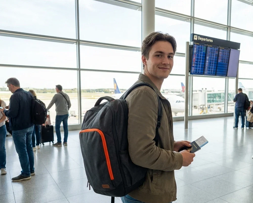 Student at airport departure terminal with backpack and boarding pass following air travel safety tips for students