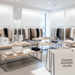 “Aritzia student discount 10–15% displayed on shopping bags and store items, no people, professional retail setting.”
