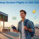 Student holding passport and backpack at airport, representing cheap student flights to USA 2026