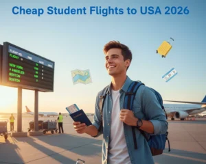 Student holding passport and backpack at airport, representing cheap student flights to USA 2026