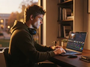 Student using DaVinci Resolve on laptop for DaVinci Resolve student discount 2026 guide
