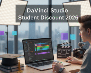 Student using DaVinci Resolve on laptop, representing DaVinci Studio student discount 2026 for video editing education