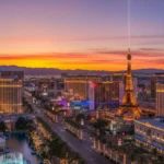 Las Vegas Strip in winter showcasing hotels and casinos at sunset