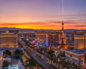 Las Vegas Strip in winter showcasing hotels and casinos at sunset