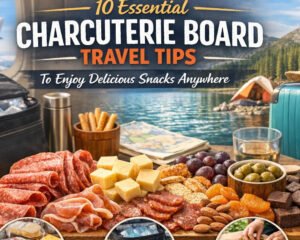 Travel-friendly charcuterie board travel tips featuring cured meats, aged cheeses, crackers, dried fruits, and olives, perfectly packed for road trips, flights, and hotel stays.