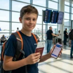 Student traveler at airport departure hall with backpack and passport representing traveling tips cwbiancavoyage smart travel planning