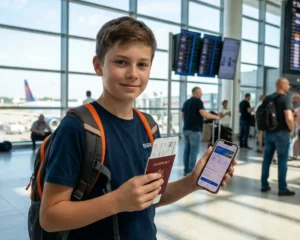 Student traveler at airport departure hall with backpack and passport representing traveling tips cwbiancavoyage smart travel planning
