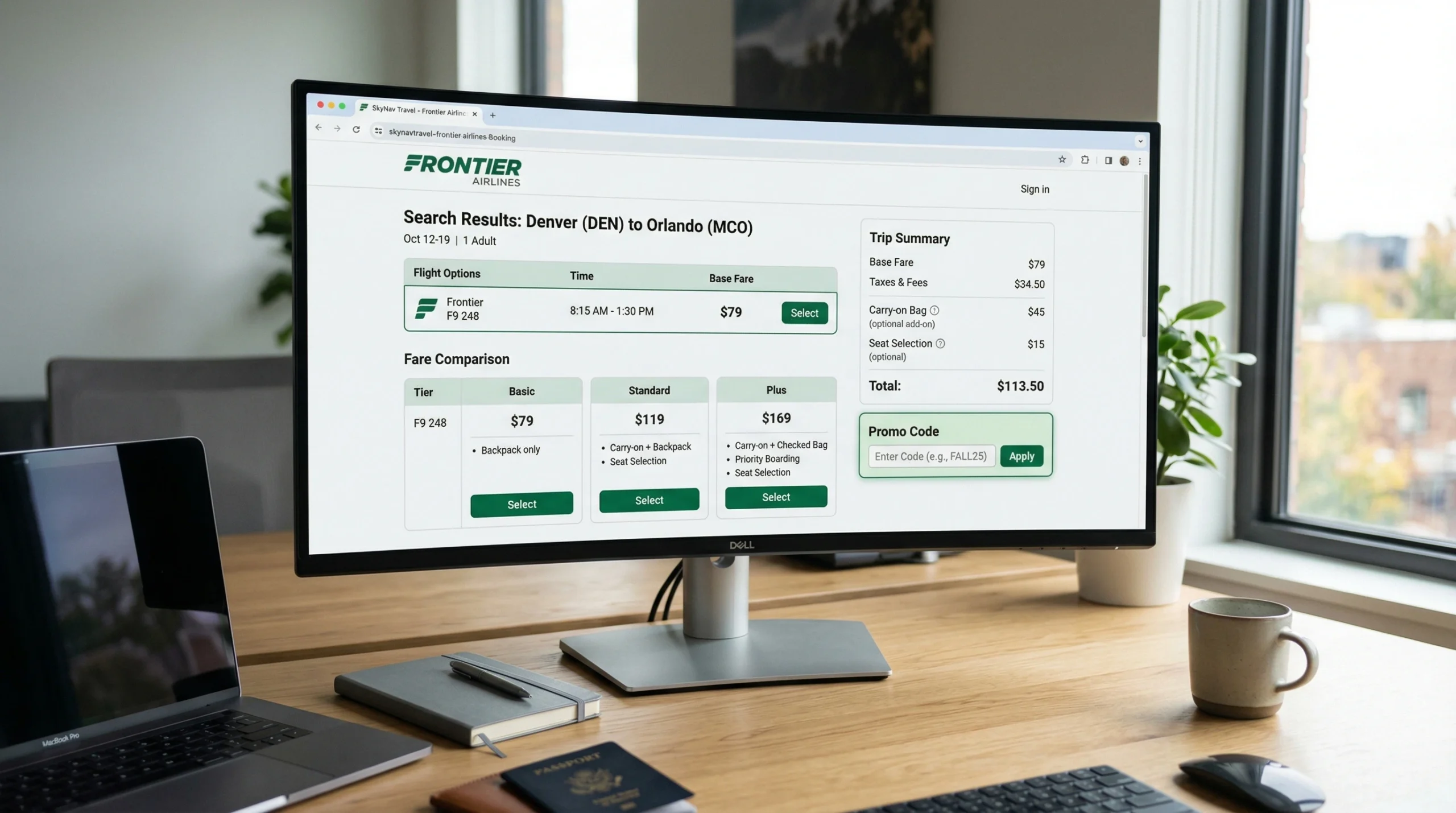Frontier student discount flight booking screen showing promo code field and fare comparison