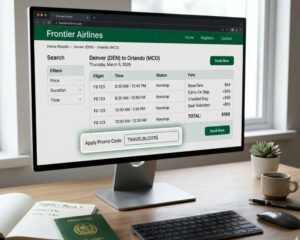 Frontier student discount flight booking screen showing fare comparison and promo code field