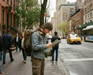A young college student with a backpack standing on a wide sidewalk in a busy American city. Daytime, natural light, city buildings in the background. Casual clothes, looking at a phone. Candid travel photography style, warm realistic colors. No text overlays. Wide shot, 1000x800 landscape format.